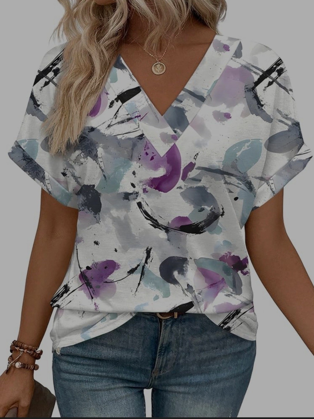 Abstract Watercolor V-Neck Women’s Top - White with Purple & Teal
